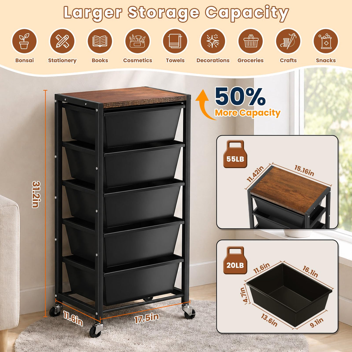 Black 5 Drawer Rolling Storage Cart with Wooden Tabletop H743