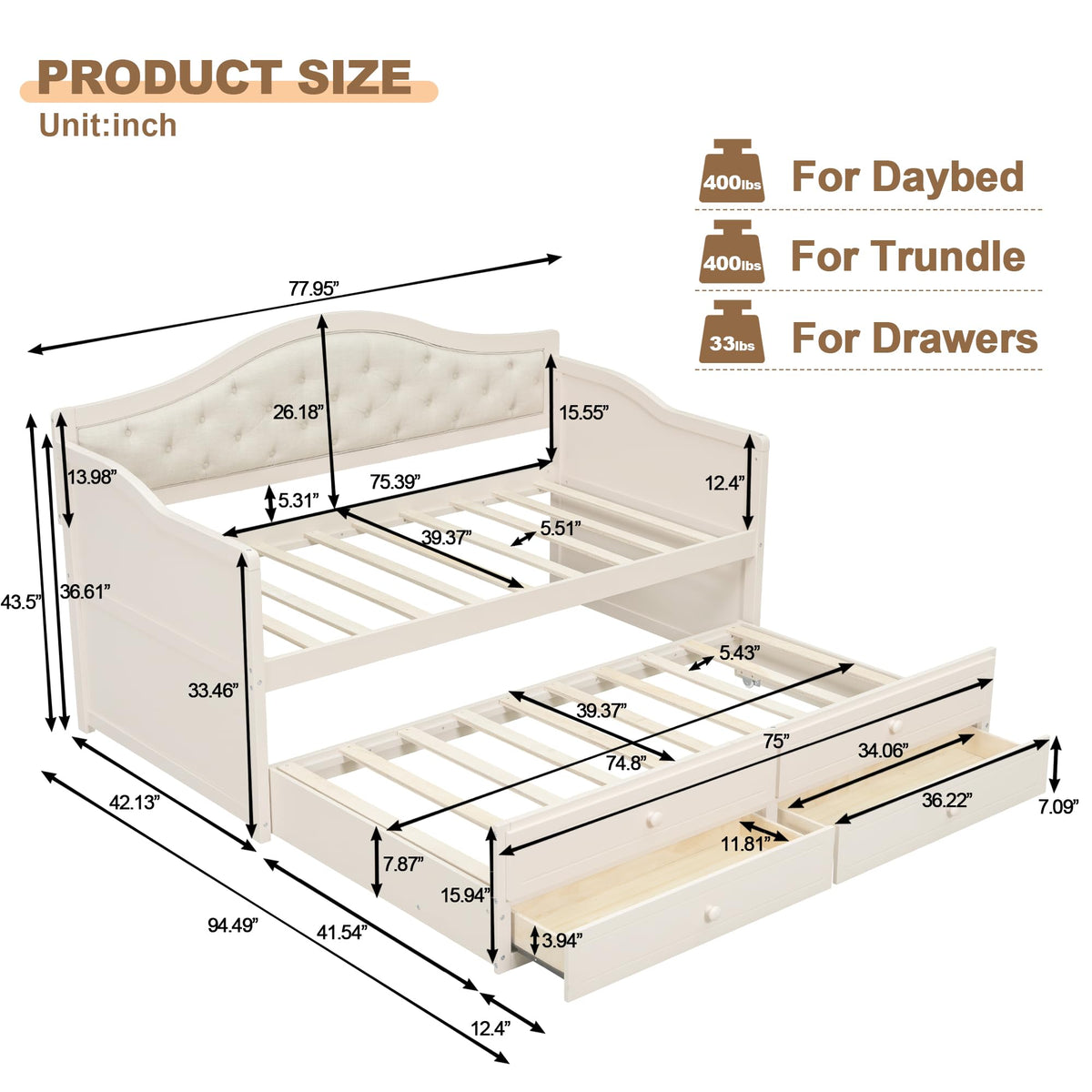 Beige Twin Size Wooden Daybed with Trundle and 2 Drawers P108