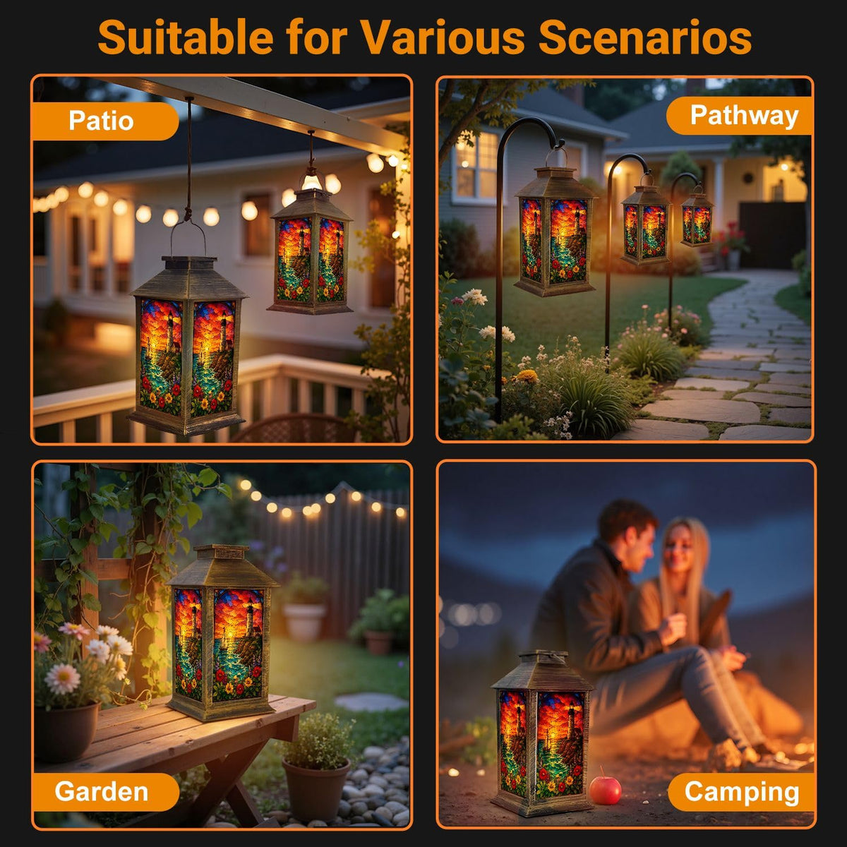Solar Lantern Outdoor Waterproof Stained Glass Effect LED Hanging Tabletop Lamp F8587