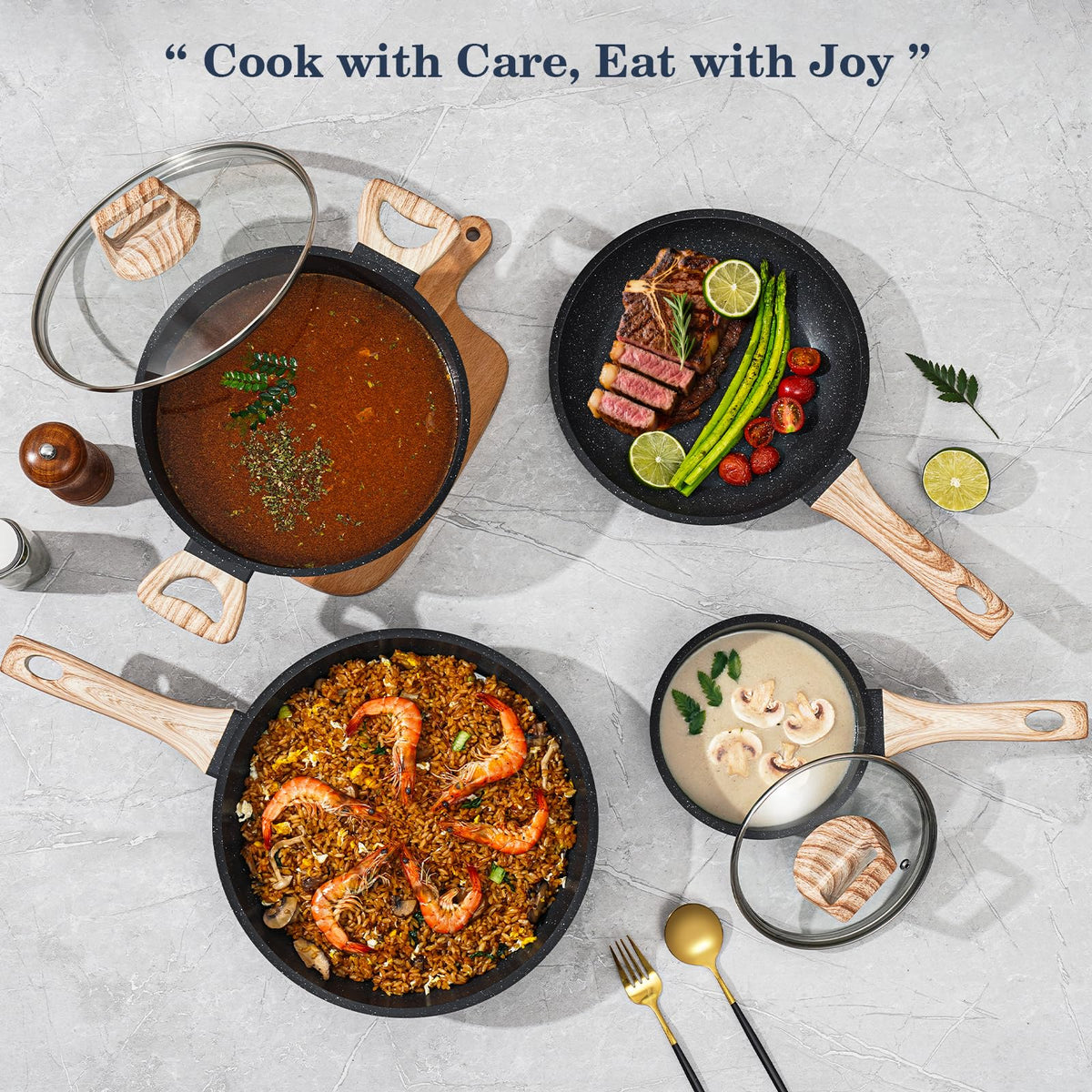 Non Stick 12Pcs Black Granite Induction Cookware U772743