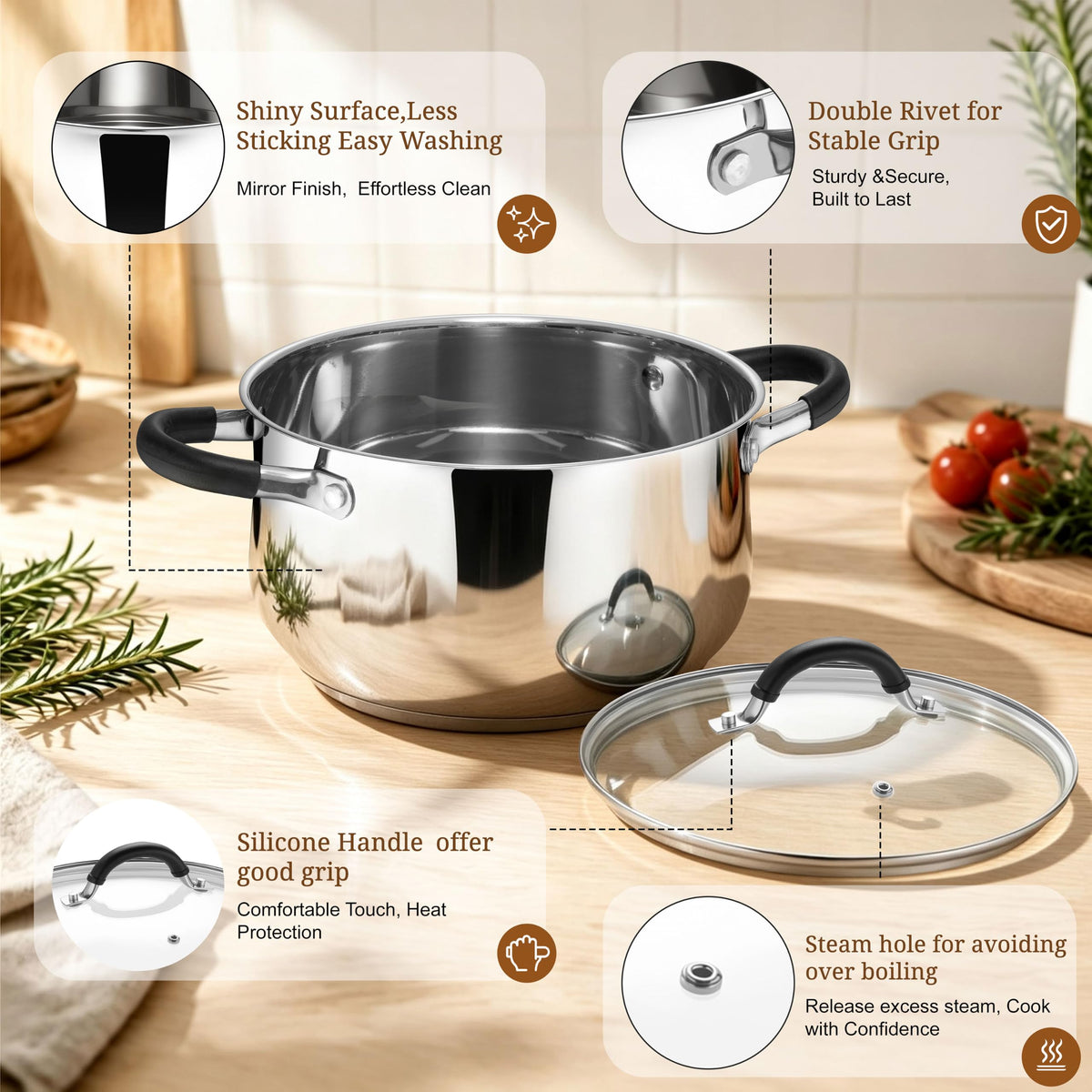 6 Quart Stainless Steel Induction Stock Pot with Lid J845