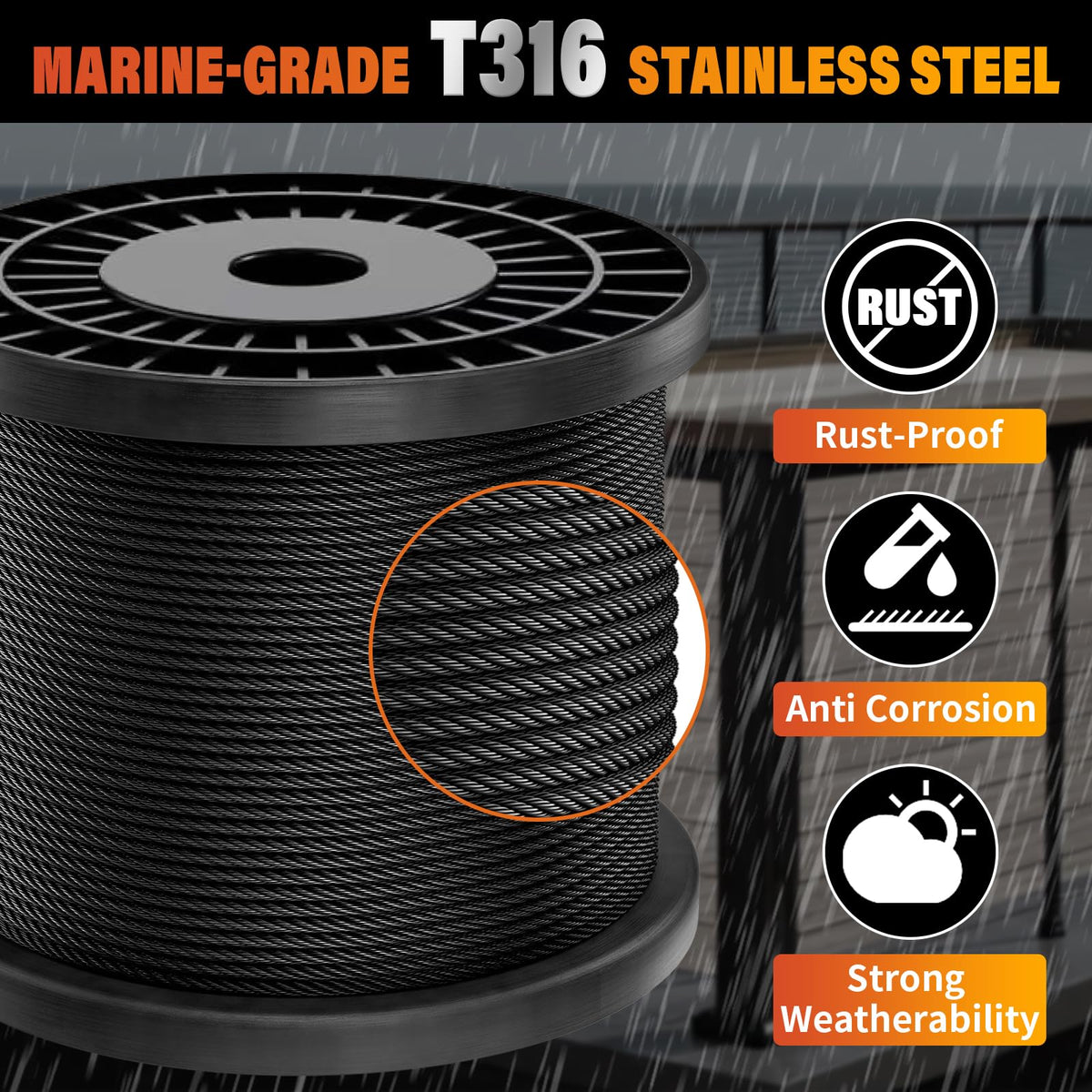 Black 1000FT 1/8" T316 Stainless Steel Cable E1771