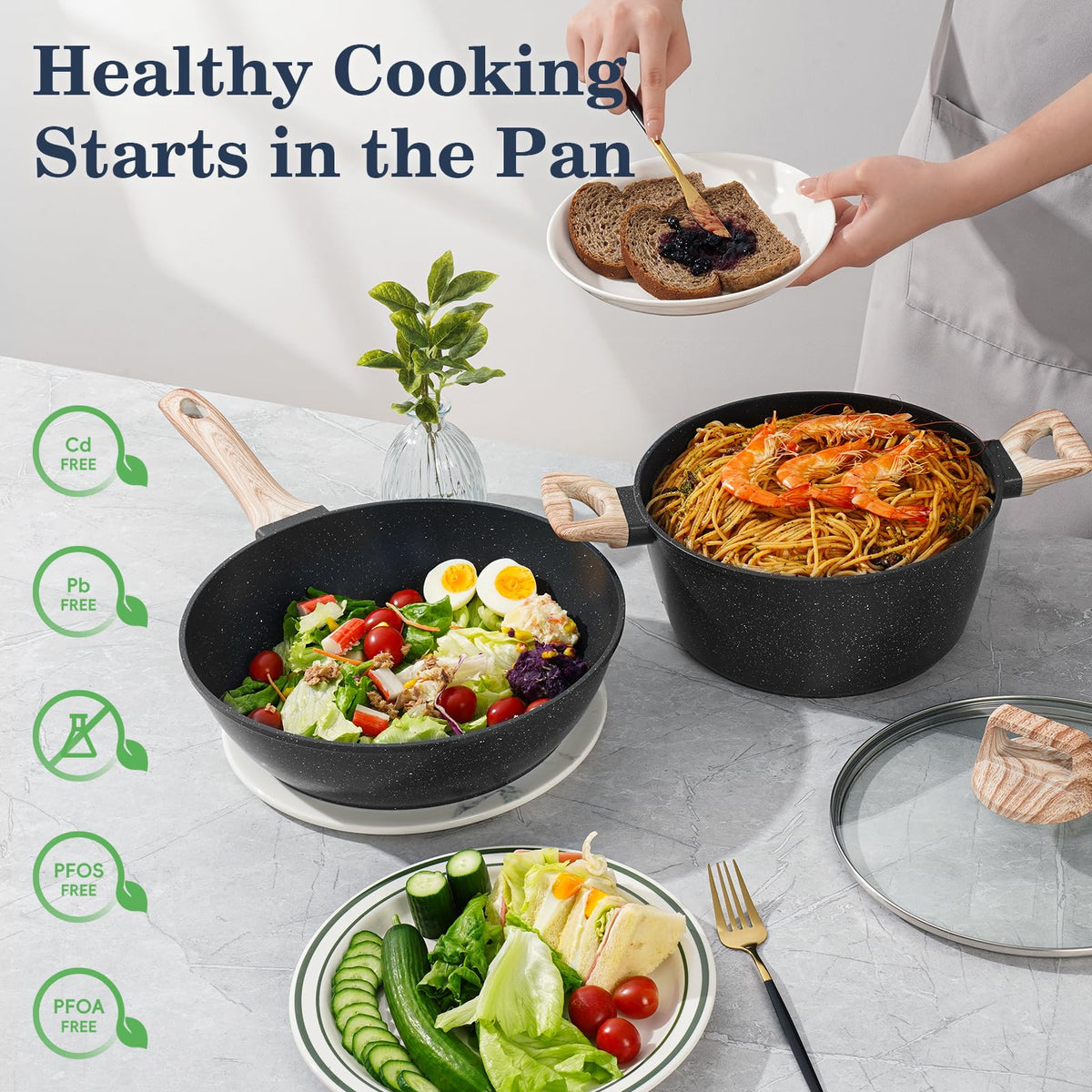 Non Stick 12Pcs Black Granite Induction Cookware U772743