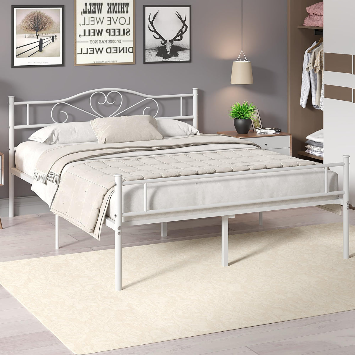 Full Size White Metal Platform Bed Frame with Headboard B380