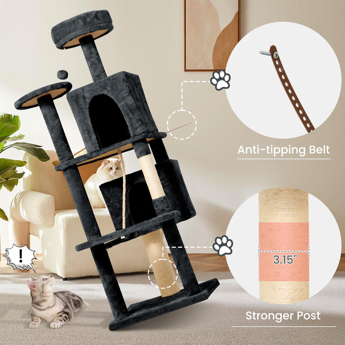 58.5inch Plush Multi-Level Cat Tree Tower with Cat Cave and Scratching Post F359