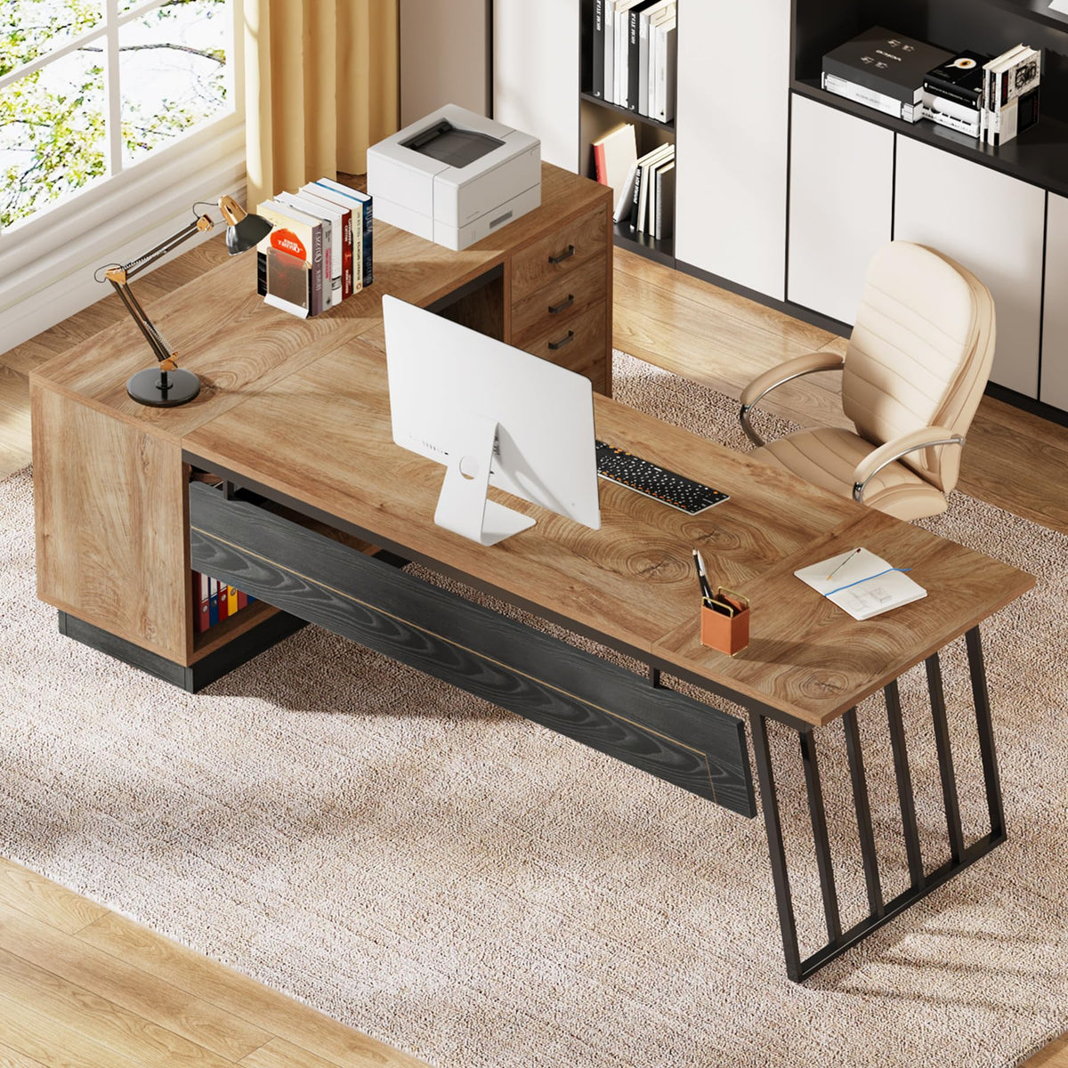 71-Inch L-Shaped Executive Desk with Cabinet S749729
