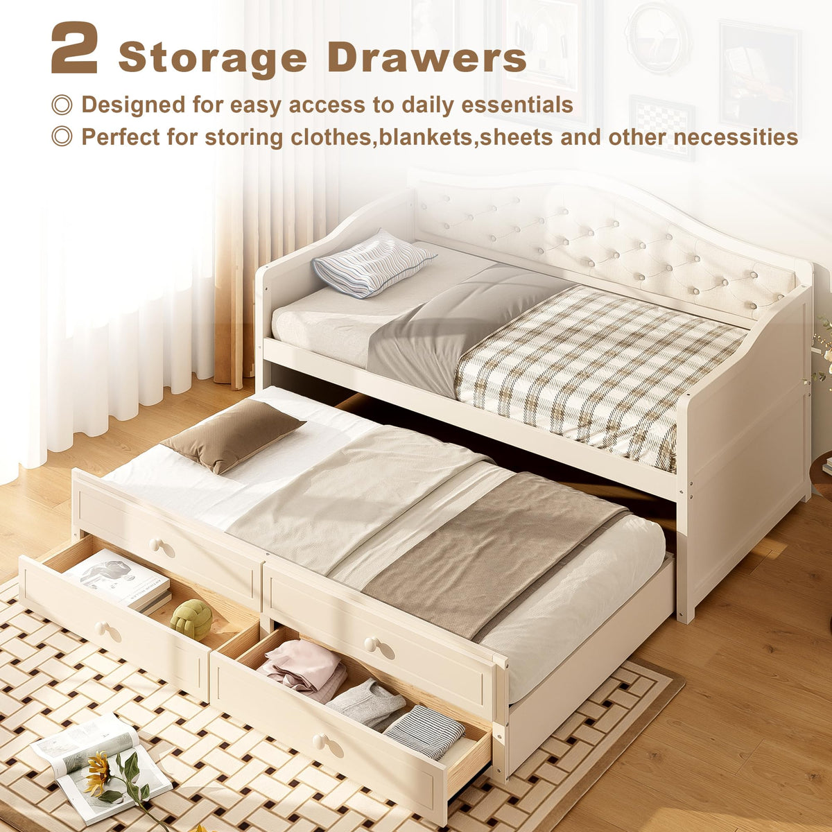 Beige Twin Size Wooden Daybed with Trundle and 2 Drawers P108