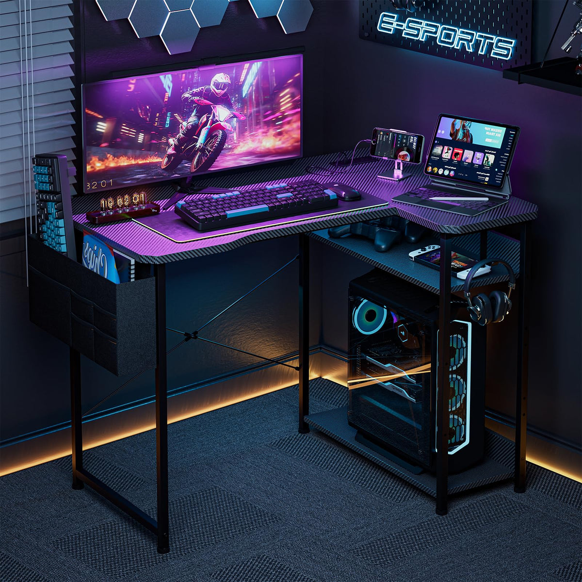 L Shaped Gaming Desk 40 Inch Black Carbon T678247