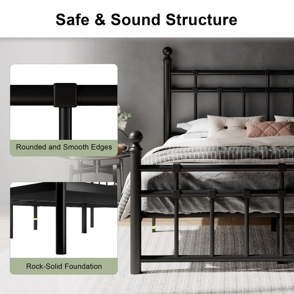 King Size Black Metal Platform Bed Frame with Headboard and Footboard V6120