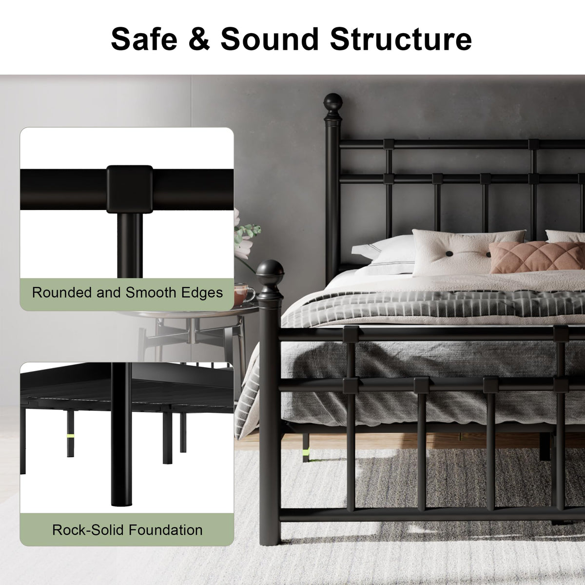 King Size Black Metal Platform Bed Frame with Headboard and Footboard V6120