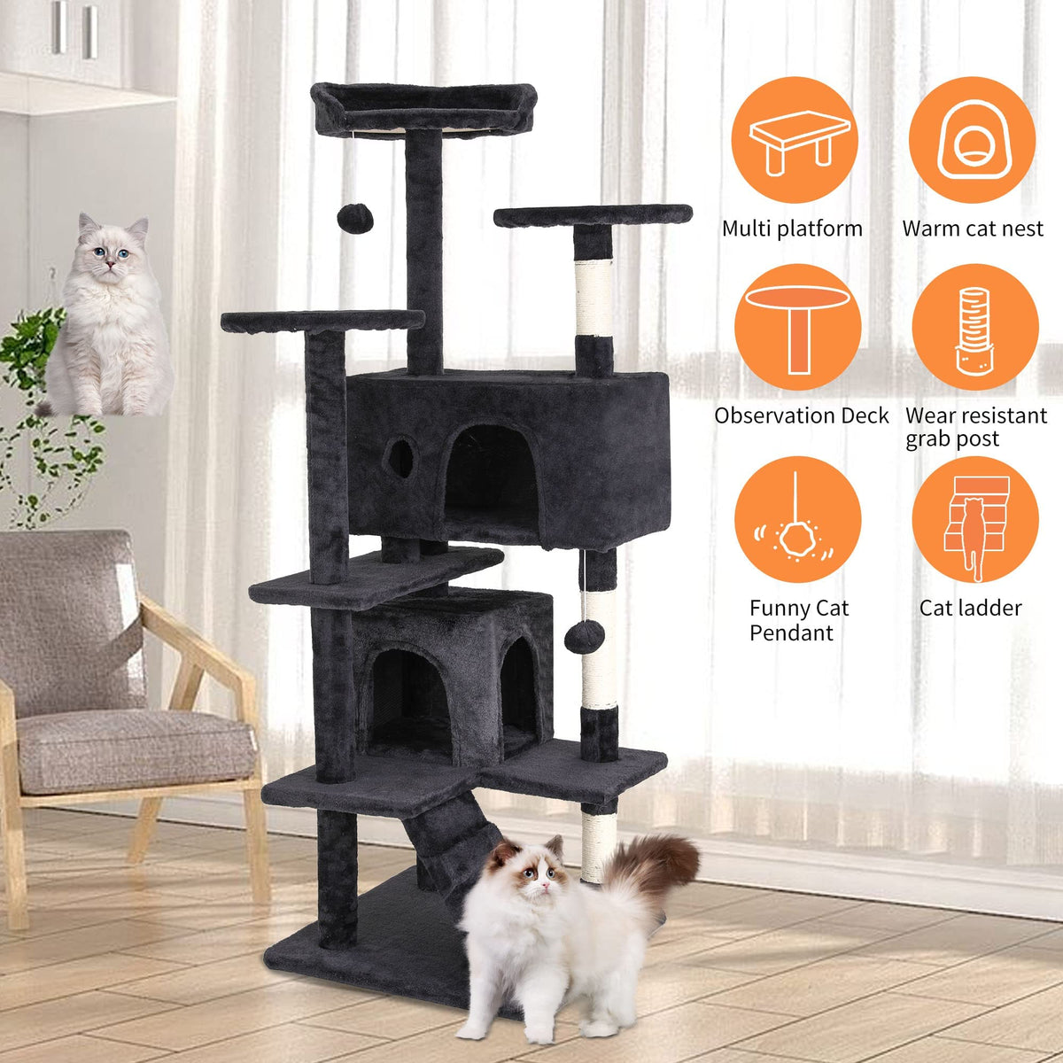 70 Inch Multi-Level Cat Tree with Scratching Post, Condo, Plush Perch U758851