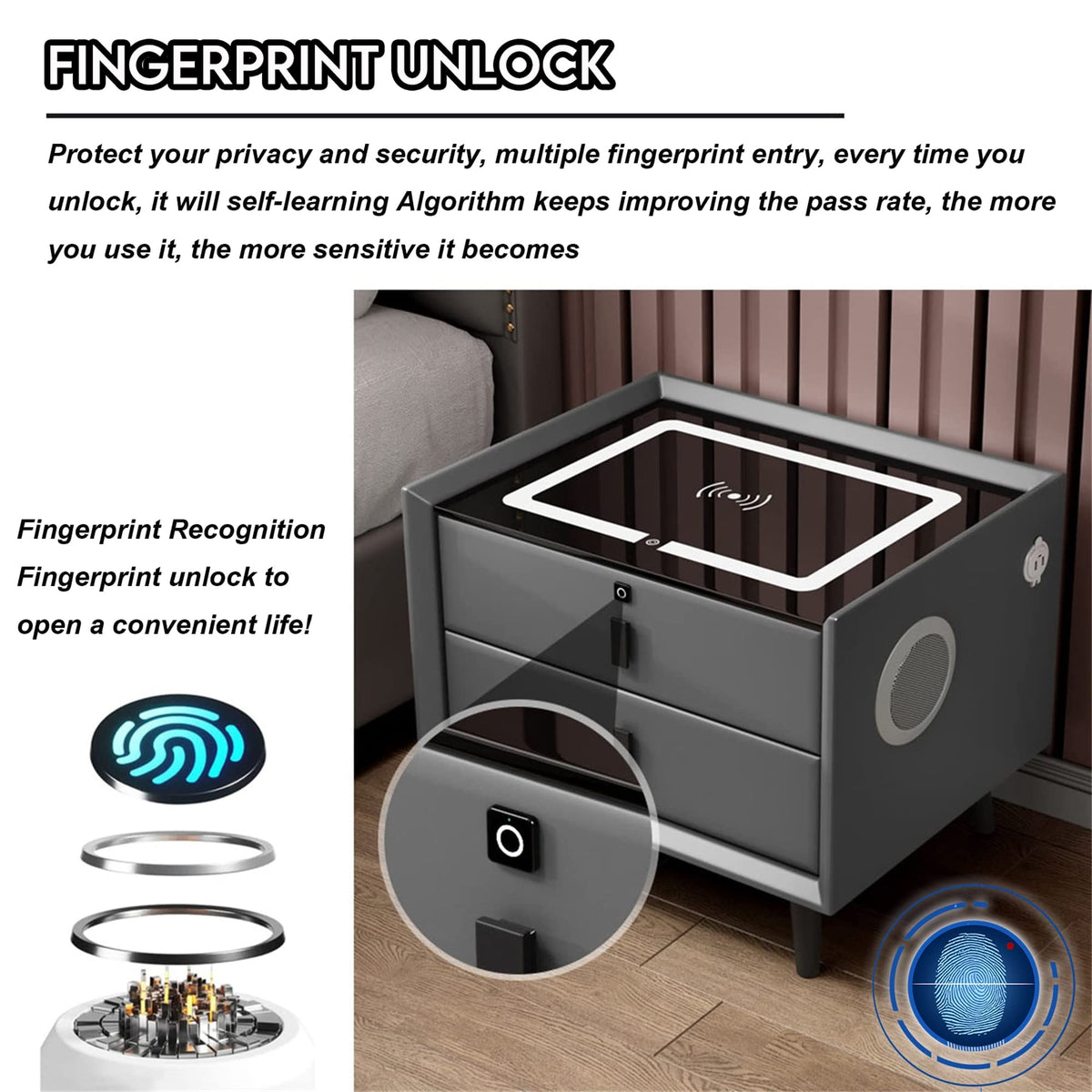 White 3 Drawer Bed End Table with Wireless Charging R4608