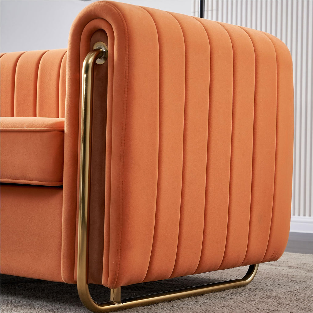 Velvet Sofa Couch, 3-Seater with Channel-Tufted Seats and Gold Steel Legs, Orange K473