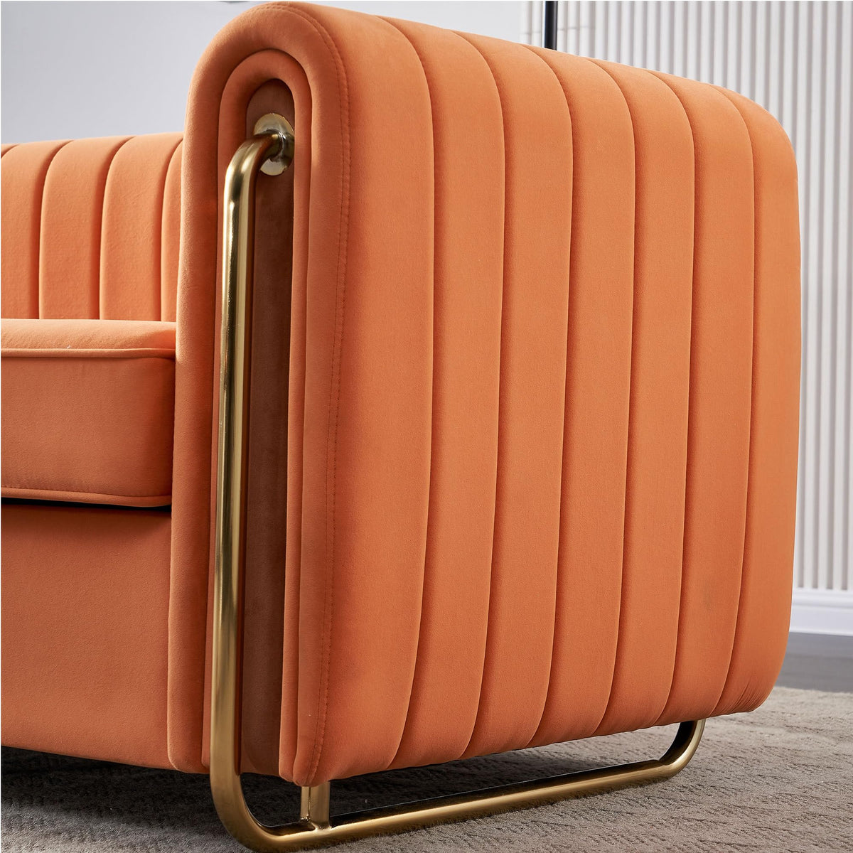 Velvet Sofa Couch, 3-Seater with Channel-Tufted Seats and Gold Steel Legs, Orange K473