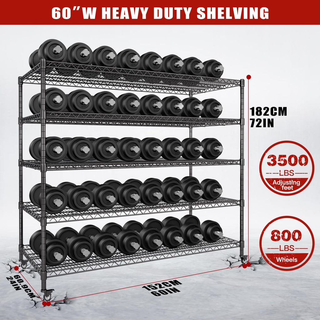 60”W 5 Tier Heavy Duty Metal Wire Shelving with Wheels C932297