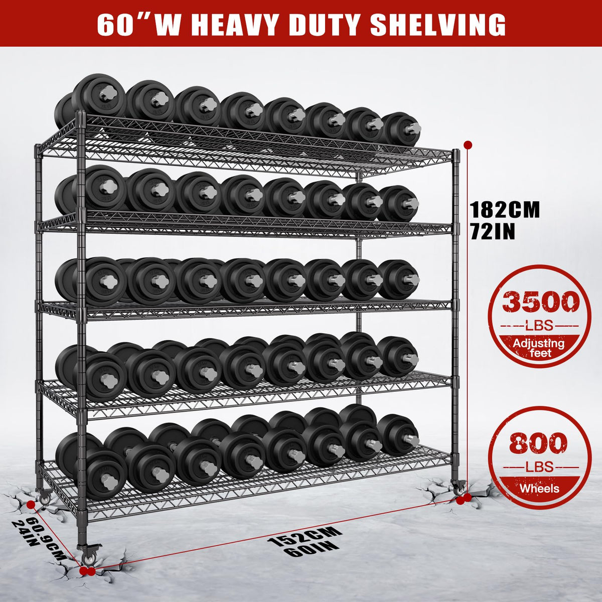 60”W 5 Tier Heavy Duty Metal Wire Shelving with Wheels C932297