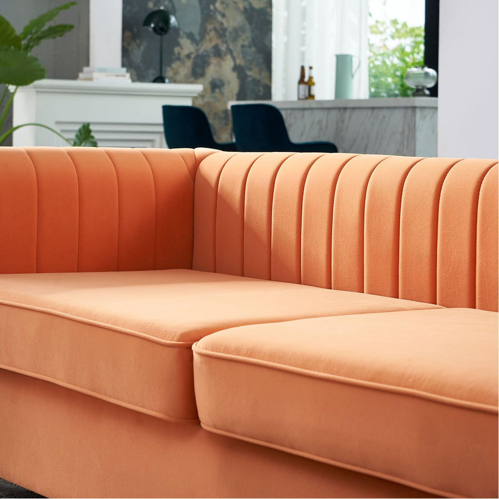 Velvet Sofa Couch, 3-Seater with Channel-Tufted Seats and Gold Steel Legs, Orange K473