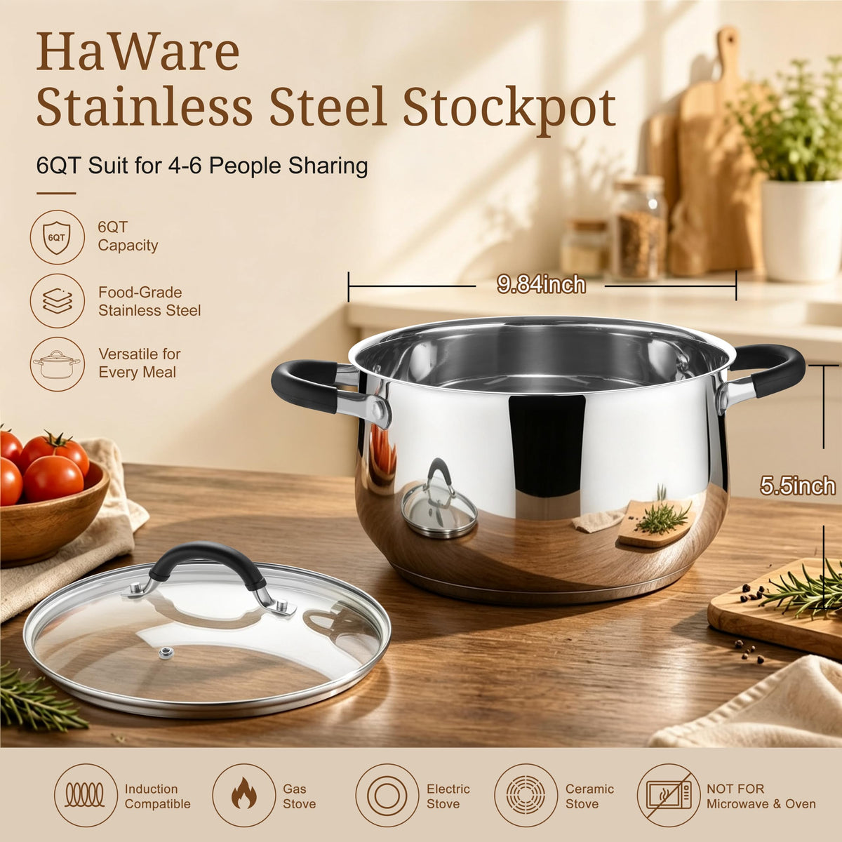 6 Quart Stainless Steel Induction Stock Pot with Lid J845