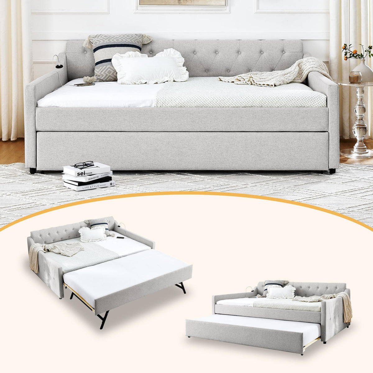 Twin Size Upholstered Daybed with Pop Up Trundle and USB Charging Ports P8927