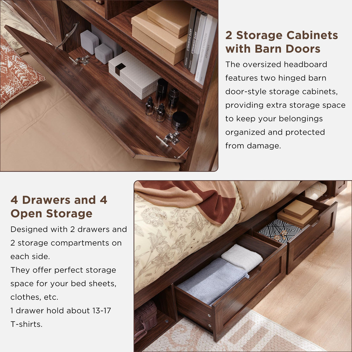 Queen Size Wood Bed Frame with Storage Headboard and 4 Drawers W911404