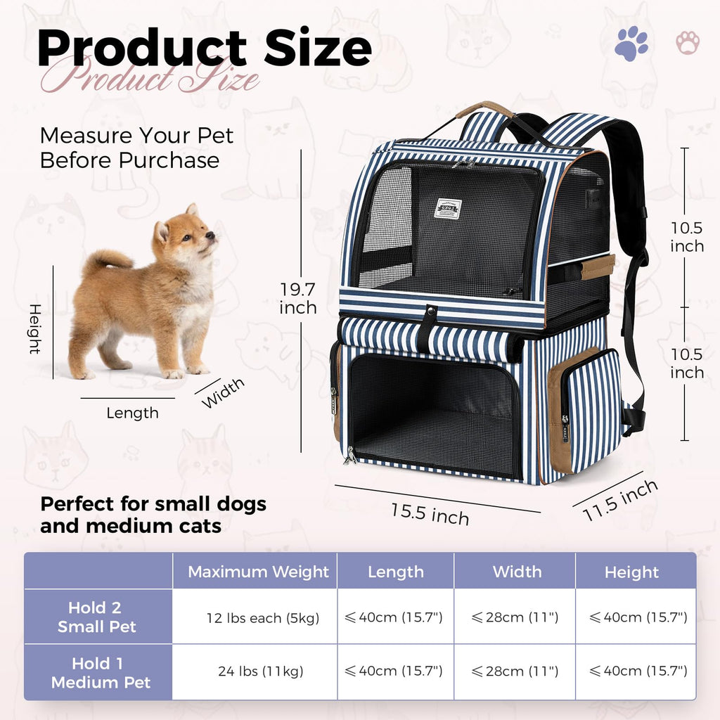 Double Cat Backpack Carrier for 2 Cats Blue Striped L8701