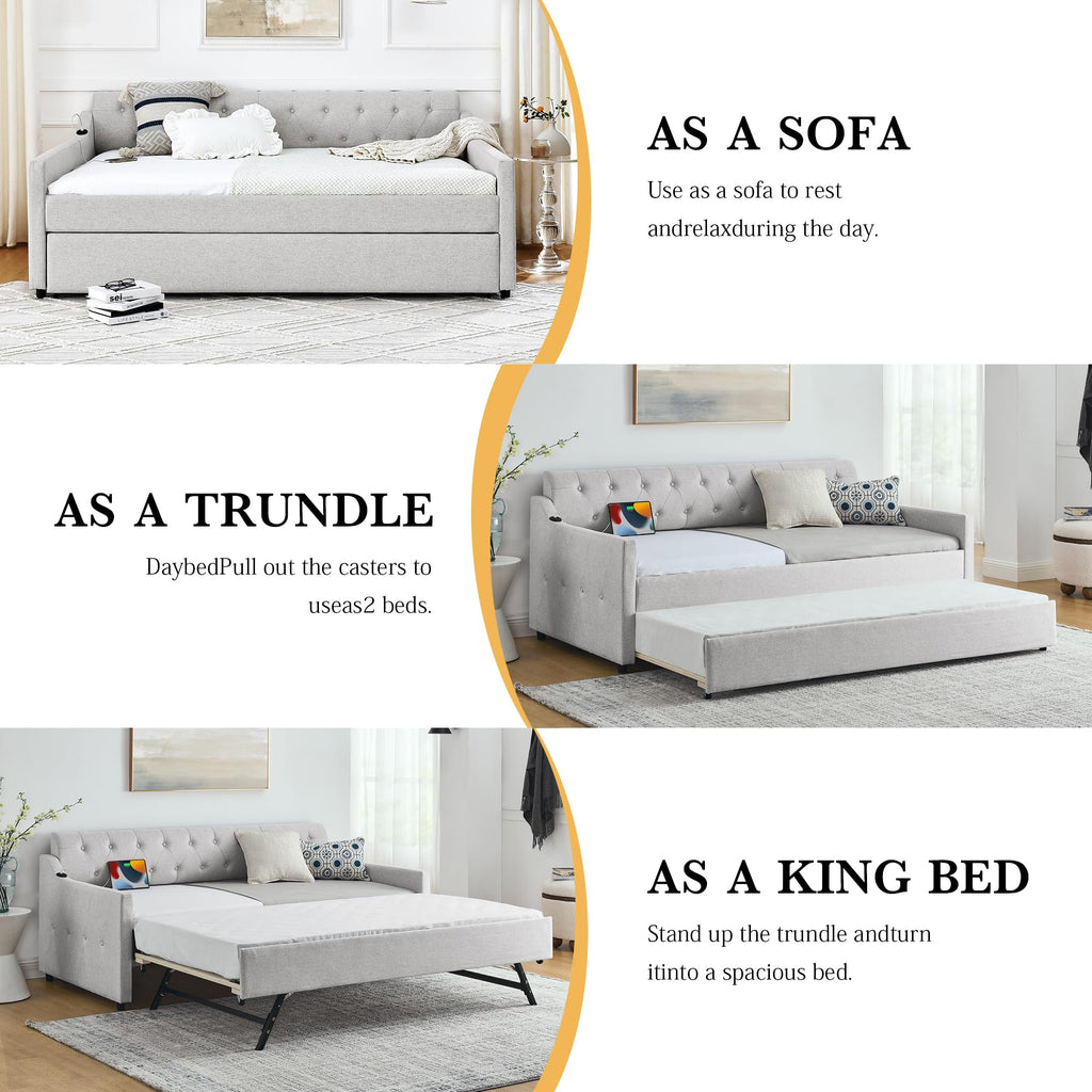 Twin Size Upholstered Daybed with Pop Up Trundle and USB Charging Ports P8927