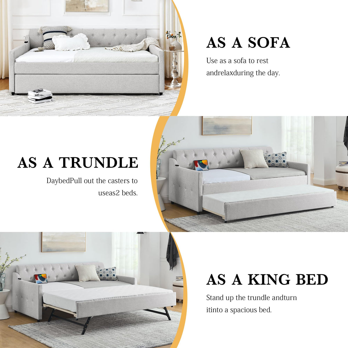 Twin Size Upholstered Daybed with Pop Up Trundle and USB Charging Ports P8927