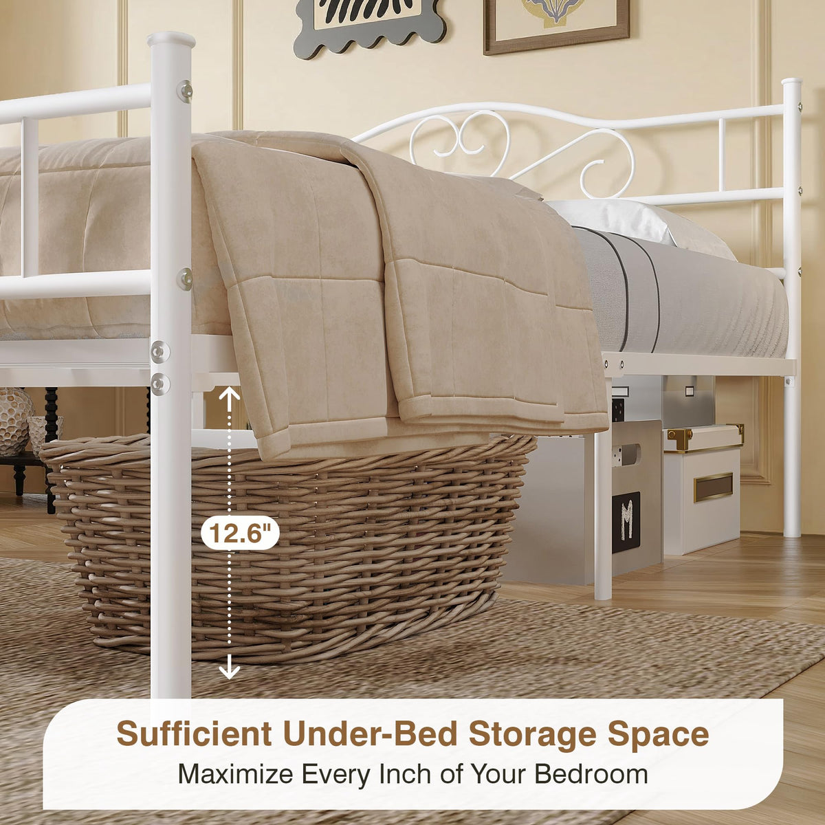 Full Size White Metal Platform Bed Frame with Headboard B380