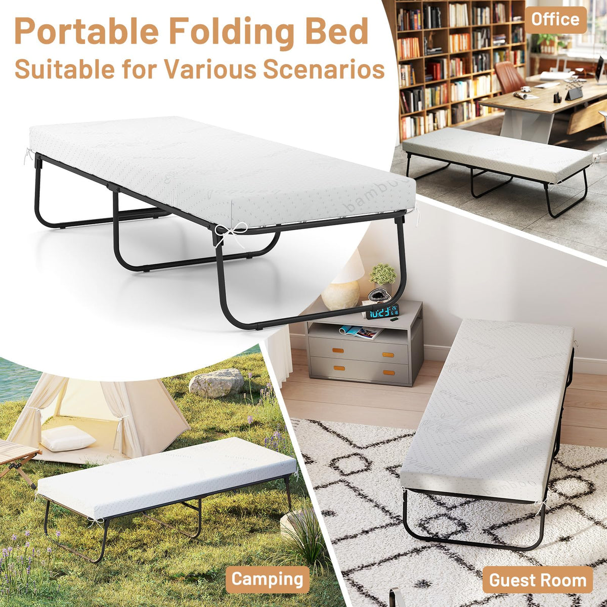 Folding Bed with Mattress Cot Size 75” x 31” Memory Foam Metal Frame L9646