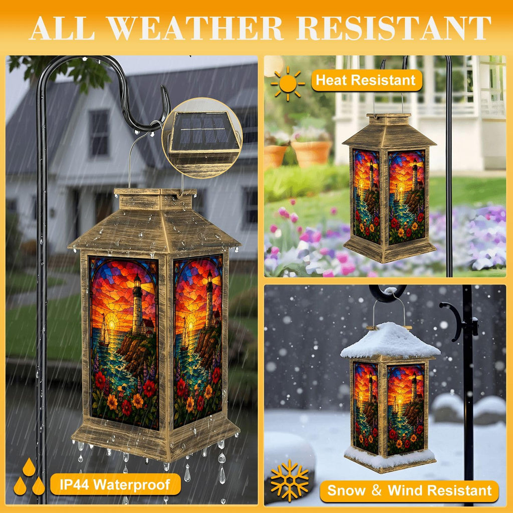 Solar Lantern Outdoor Waterproof Stained Glass Effect LED Hanging Tabletop Lamp F8587