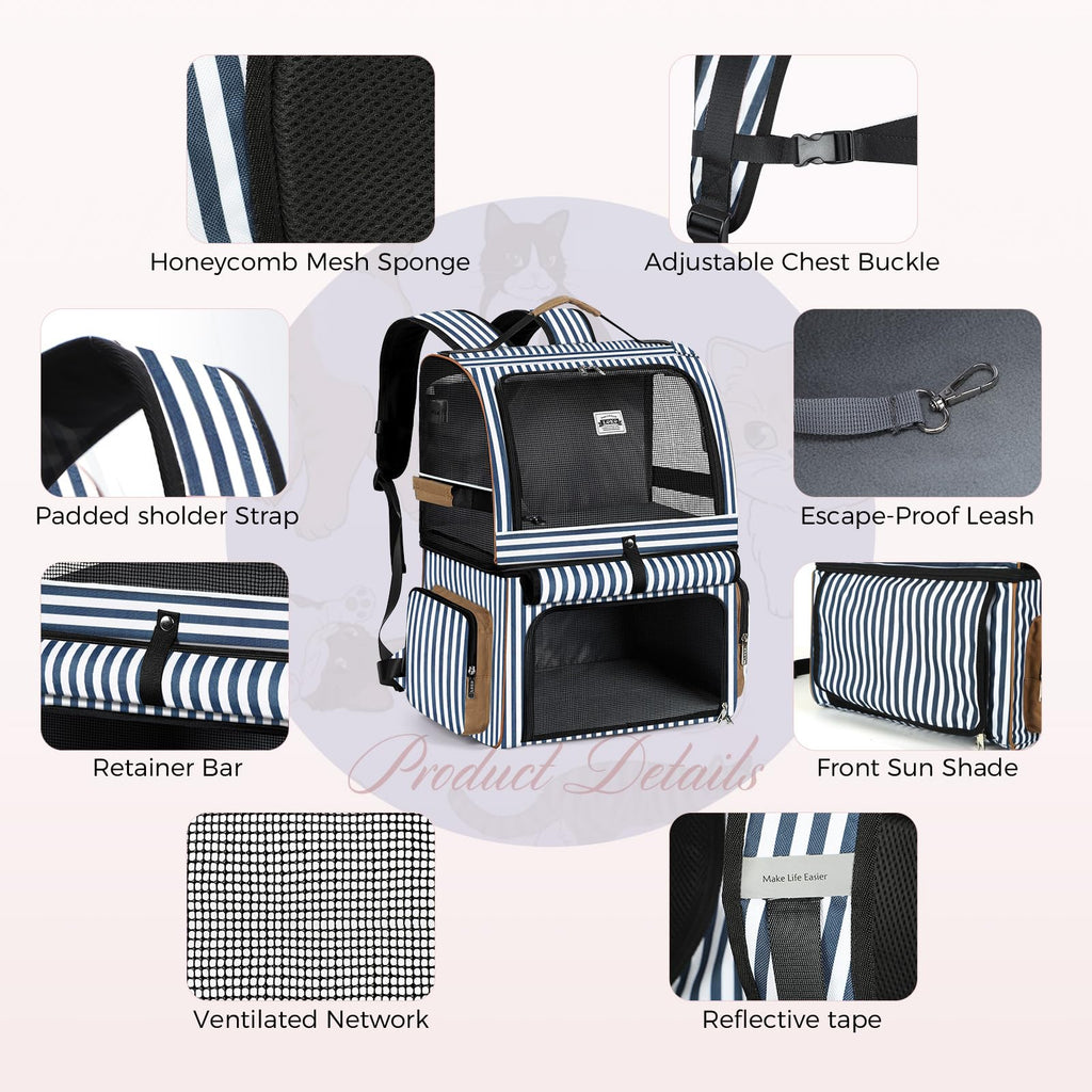Double Cat Backpack Carrier for 2 Cats Blue Striped L8701