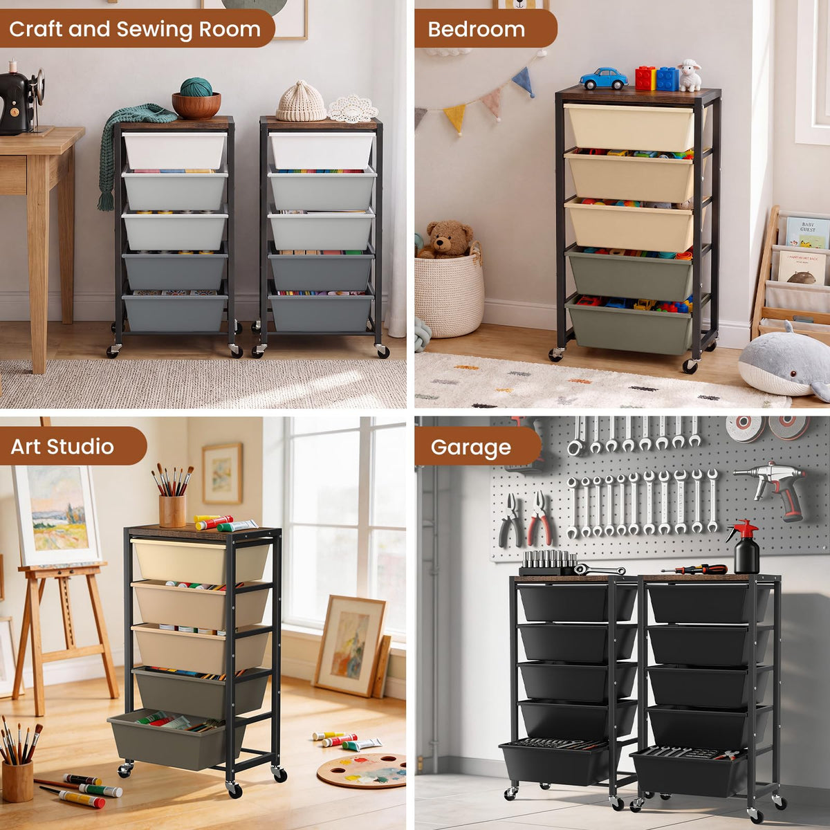 Black 5 Drawer Rolling Storage Cart with Wooden Tabletop H743