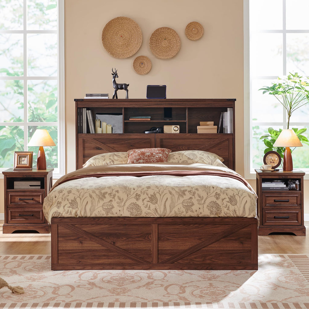 Queen Size Wood Bed Frame with Storage Headboard and 4 Drawers W911404