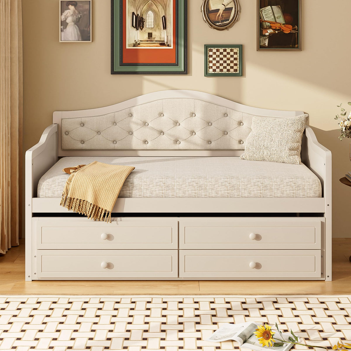 Beige Twin Size Wooden Daybed with Trundle and 2 Drawers P108