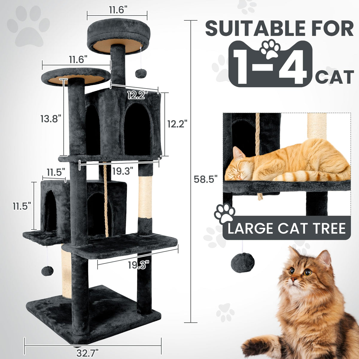 58.5inch Plush Multi-Level Cat Tree Tower with Cat Cave and Scratching Post F359