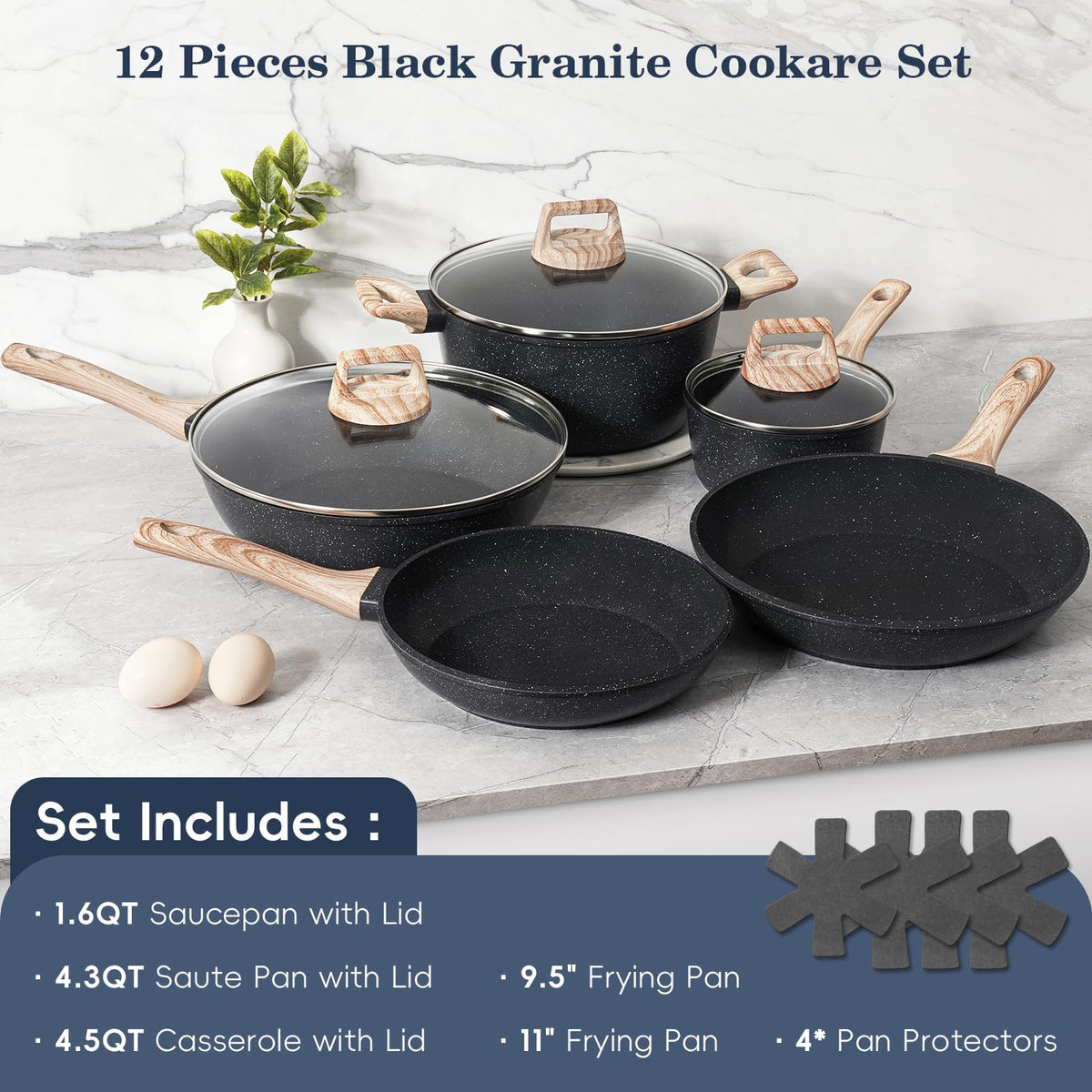 Non Stick 12Pcs Black Granite Induction Cookware U772743