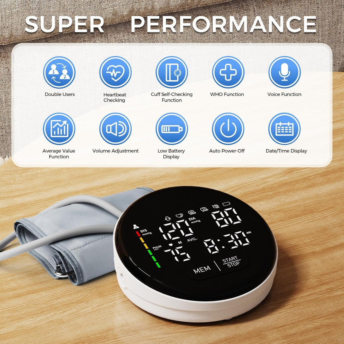 Blood Pressure Monitor Upper Arm Adjustable Cuff Voice Broadcast Large Backlit Display 240 Sets Memory U33464