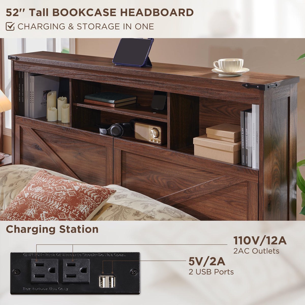 Queen Size Wood Bed Frame with Storage Headboard and 4 Drawers W911404