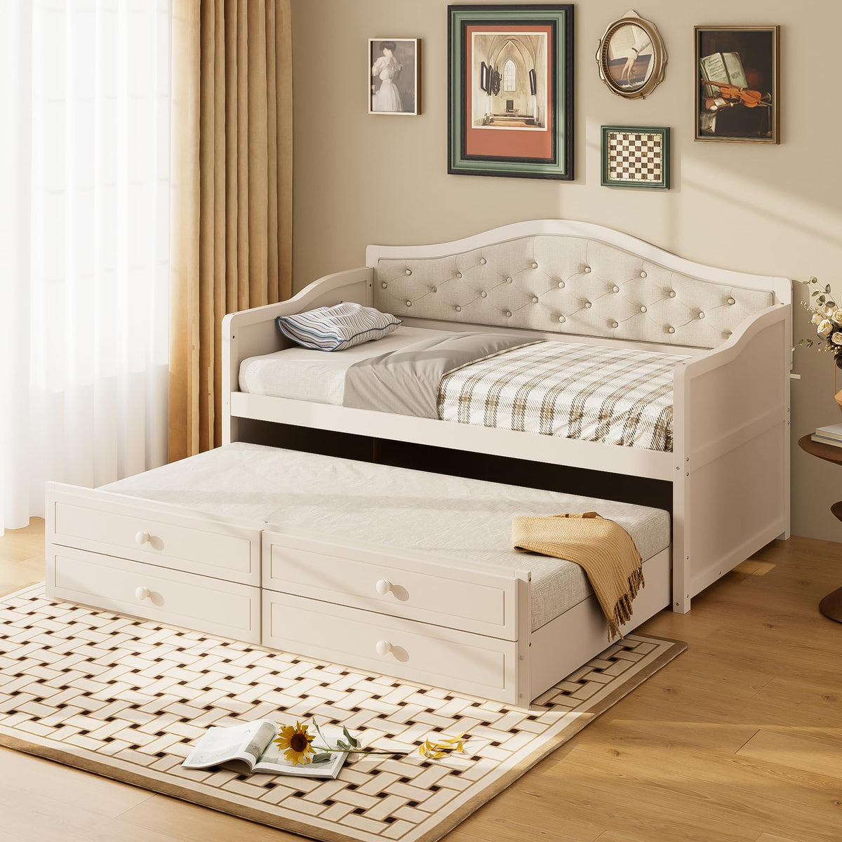Beige Twin Size Wooden Daybed with Trundle and 2 Drawers P108