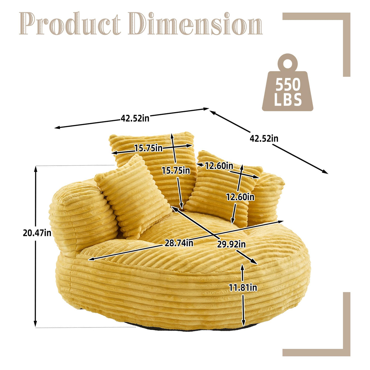 43" Mustard Yellow Corduroy Beanbag Sofa with Memory Foam O34960