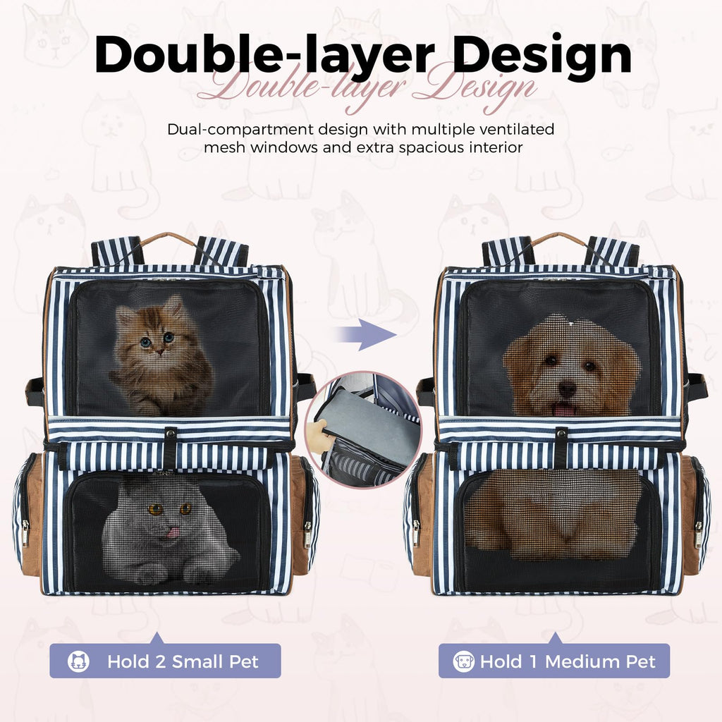 Double Cat Backpack Carrier for 2 Cats Blue Striped L8701