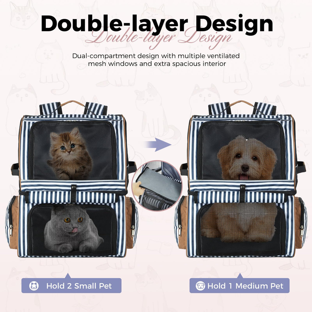 Double Cat Backpack Carrier for 2 Cats Blue Striped L8701