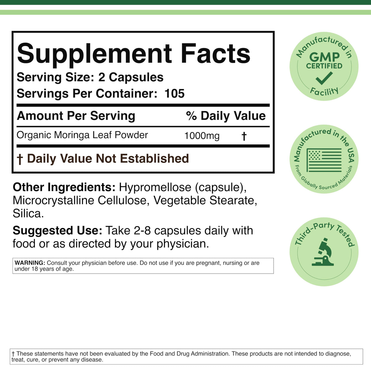 Organic Moringa Leaf 1,000mg 210 Capsules E180