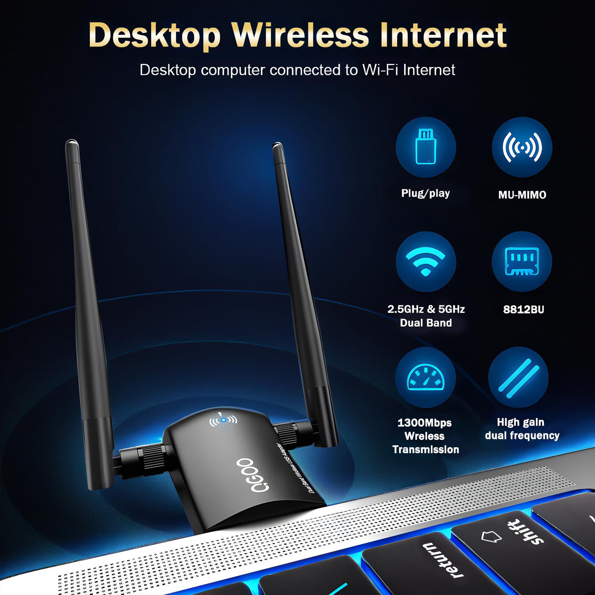 Wireless AC1300Mbps USB 3.0 WiFi Adapter with 5dBi Dual Antennas Y4194