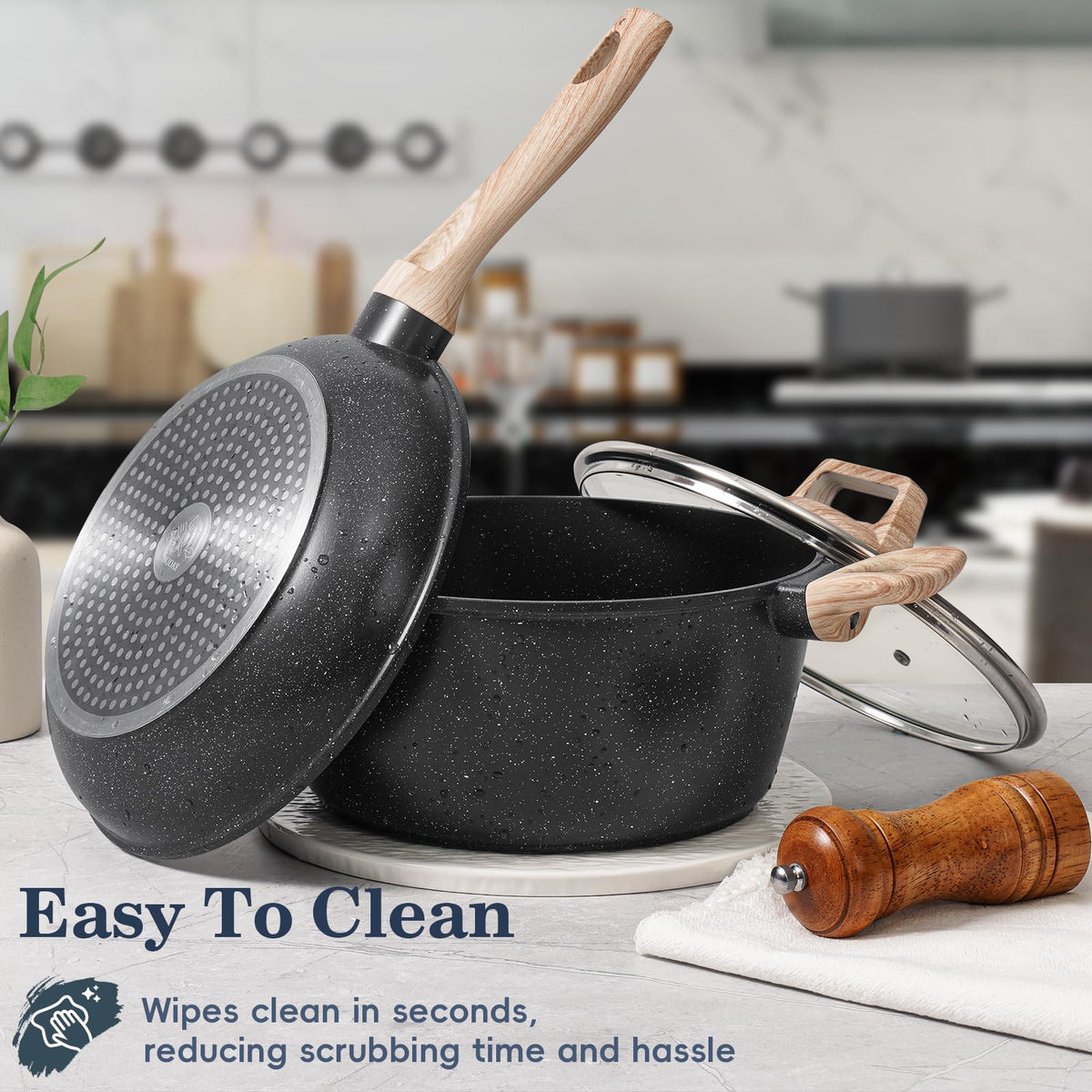 Non Stick 12Pcs Black Granite Induction Cookware U772743