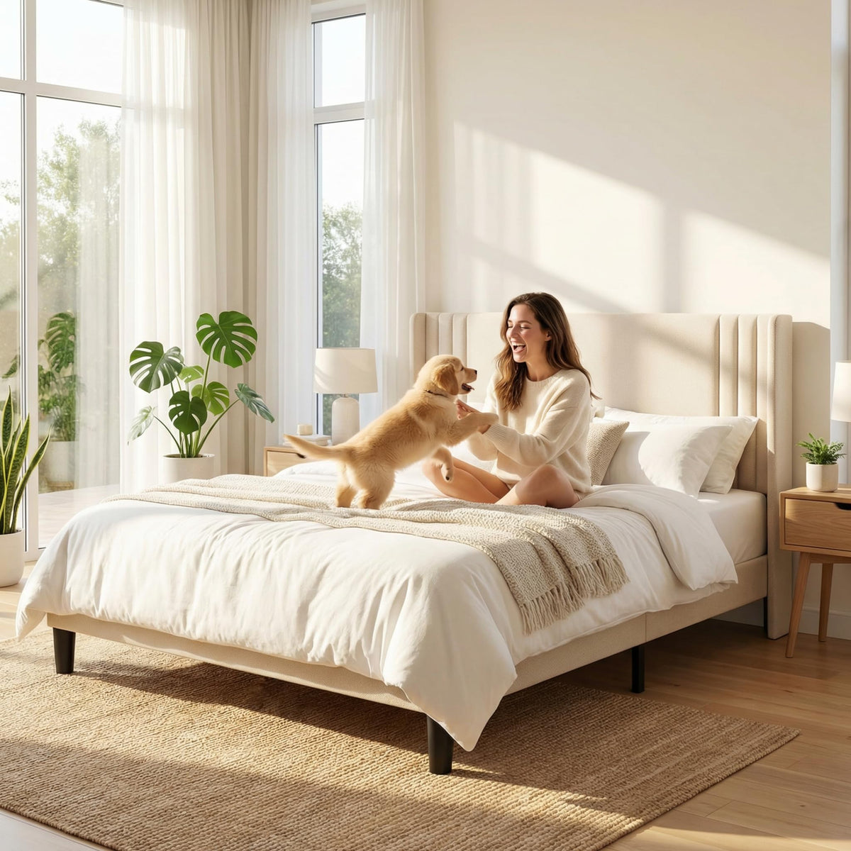 Queen Upholstered Platform Bed with Wingback Headboard O26490