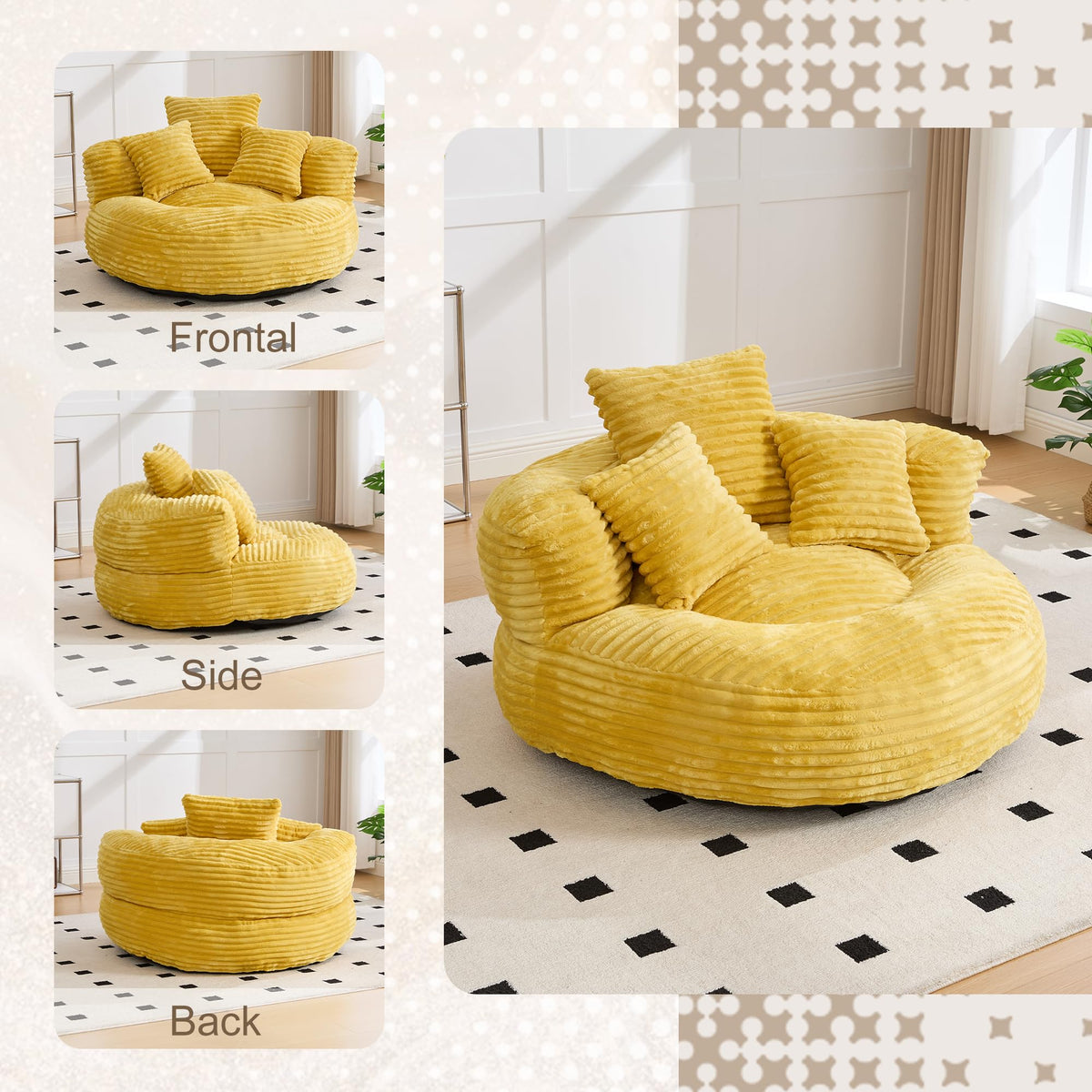 43" Mustard Yellow Corduroy Beanbag Sofa with Memory Foam O34960