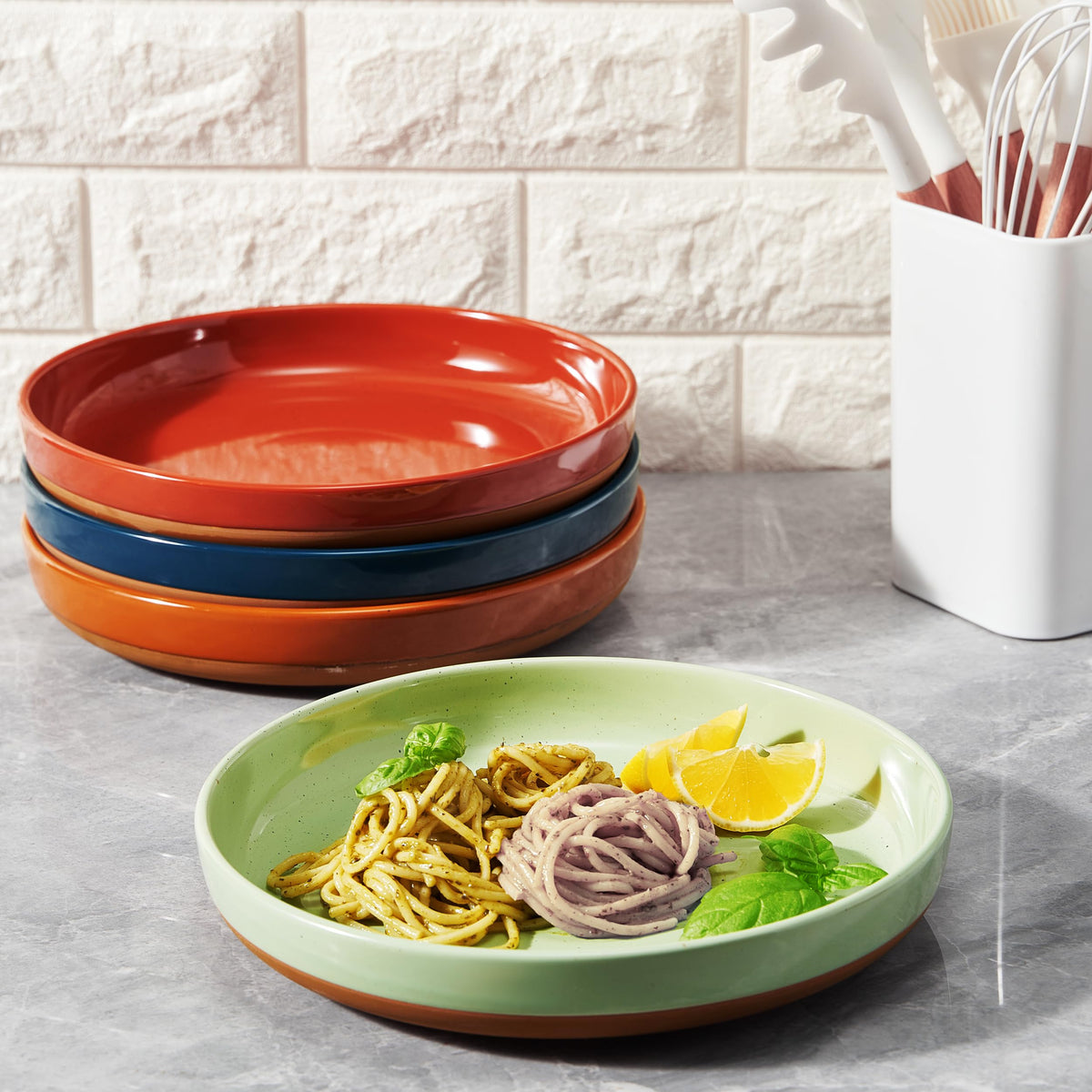 Ceramic Flat Pasta Bowl Plate Set of 4, 35oz Microwave Safe I508