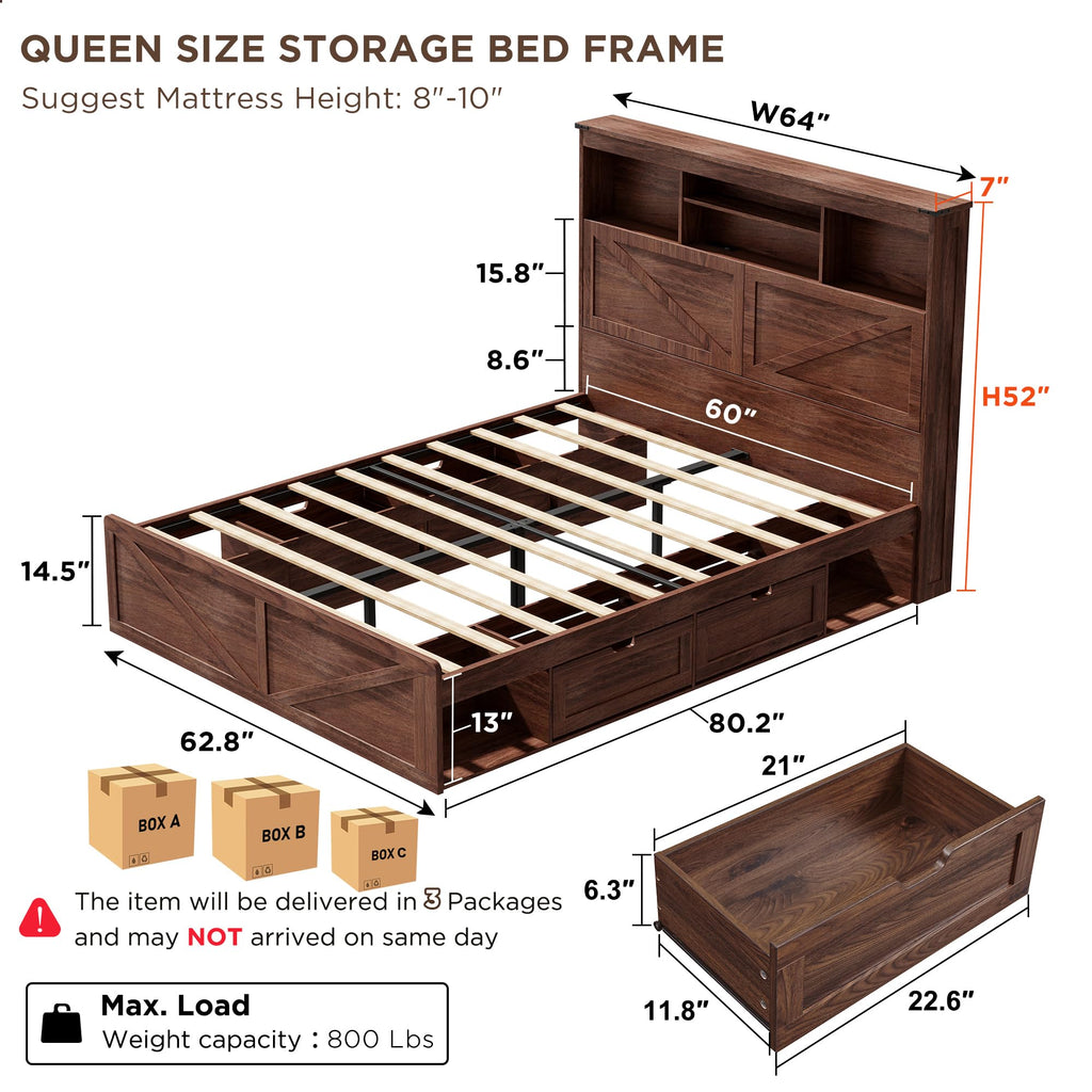 Queen Size Wood Bed Frame with Storage Headboard and 4 Drawers W911404