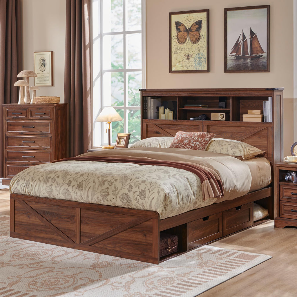 Queen Size Wood Bed Frame with Storage Headboard and 4 Drawers W911404